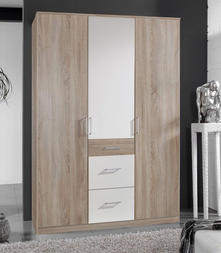 Wimex Kleiderschrank/ Drehtürenschrank Click, 3 Türen, 2 große, 1 kleine Schubladen, (B/H/T) 135 x 199 x 58 cm, Eiche Sägerau/ Absetzung Weiß Bild 1