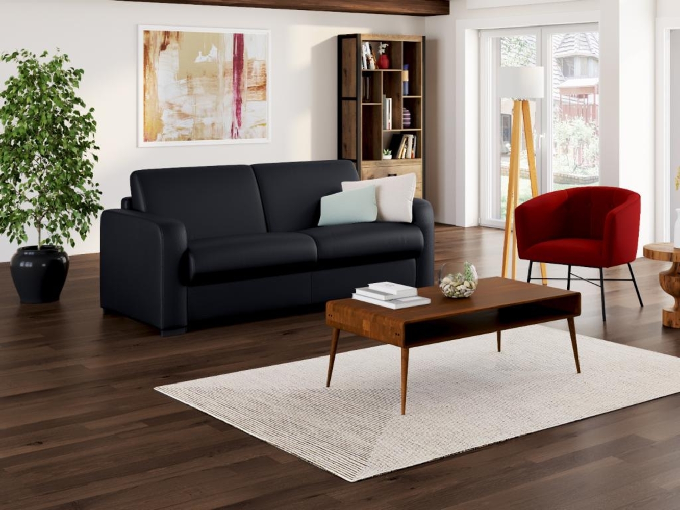 Vente-unique - Schlafsofa mit Matratze 3-Sitzer - Matratze 22 cm - Leder - Schwarz - BEVIS Bild 1