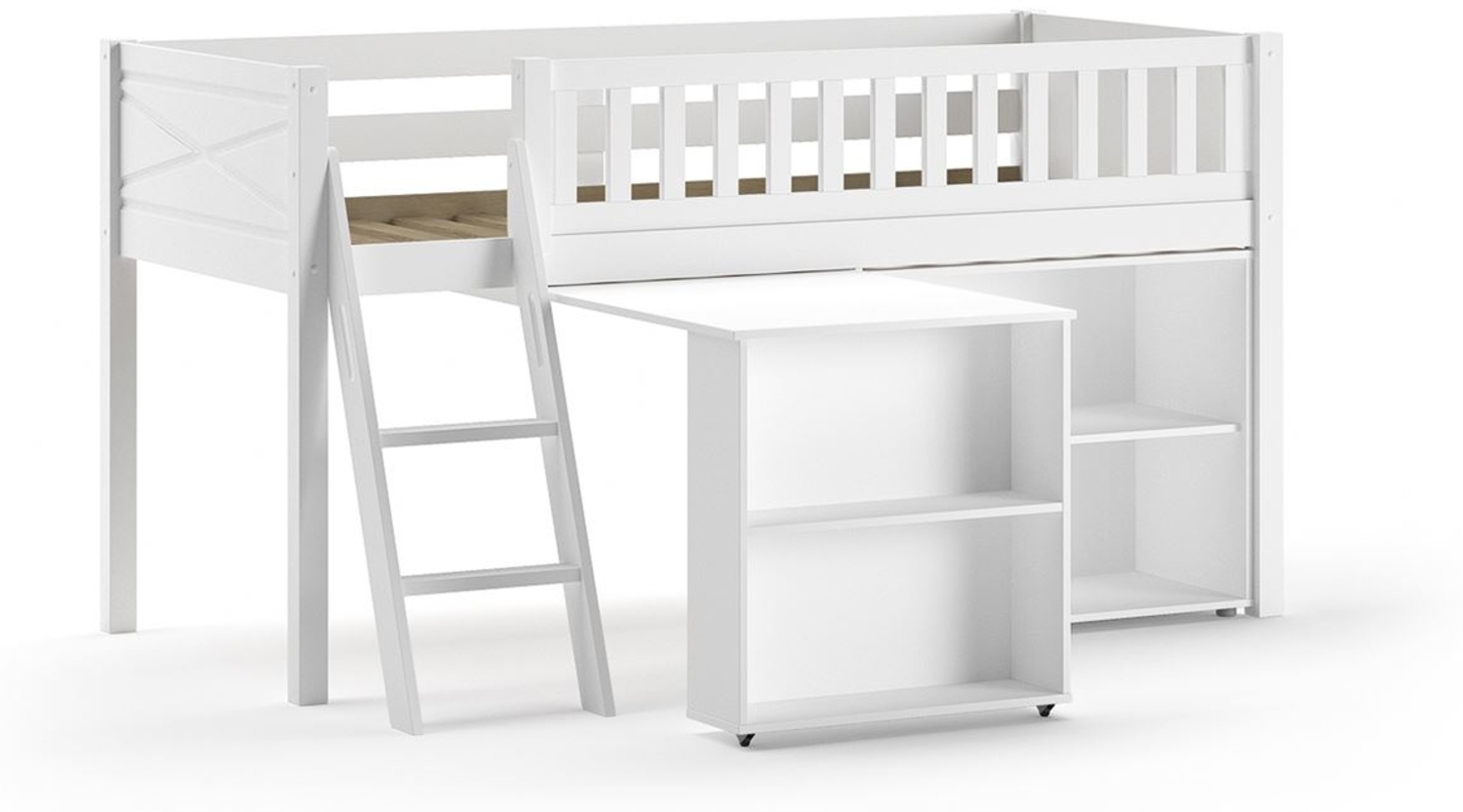 Kinderbett Karyl 208x114x135 Massivholz Weiß Regal Bild 1