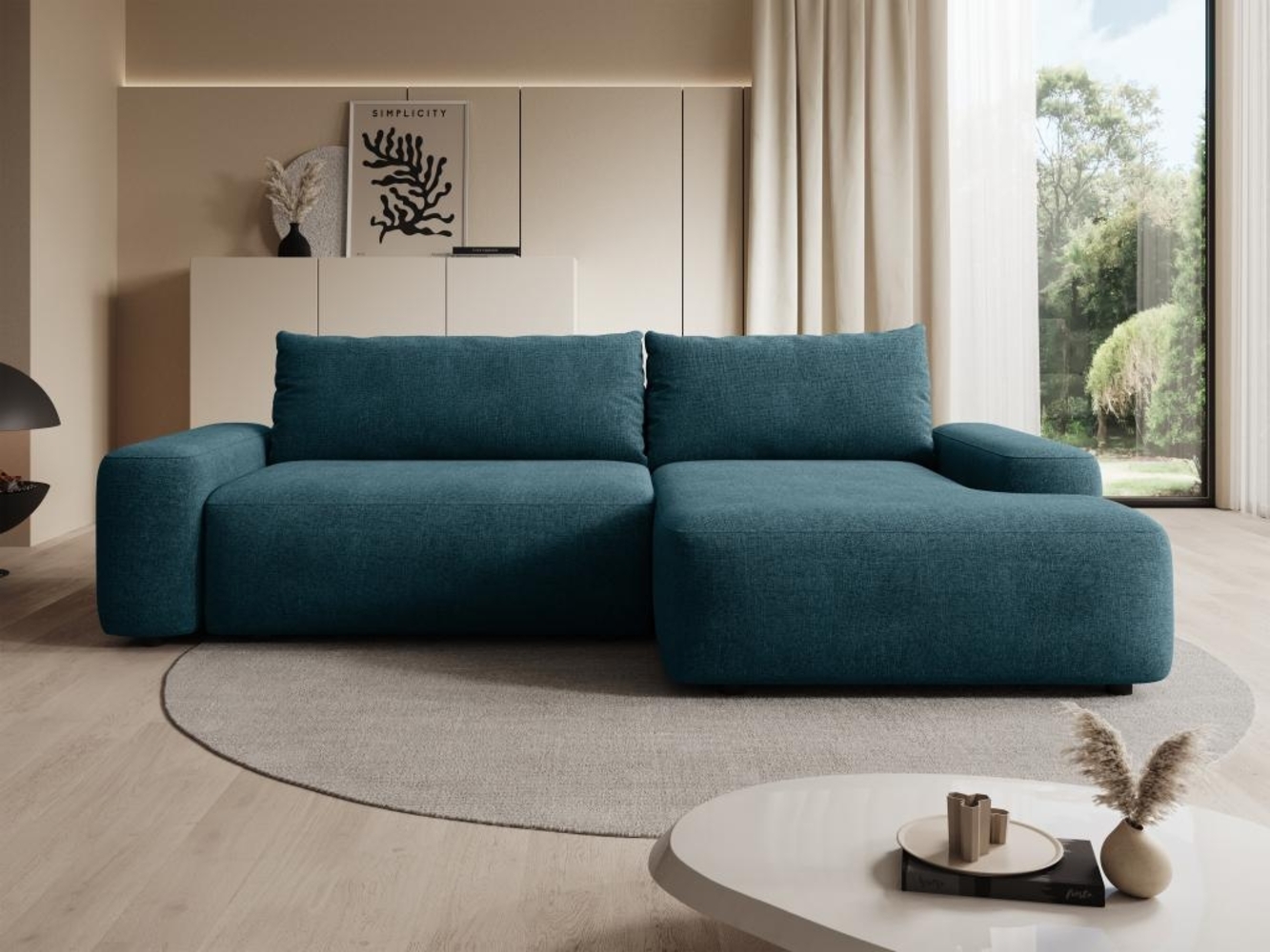 Vente-unique - Ecksofa mit Schlaffunktion - Ecke rechts - Strukturstoff - Blau - DAVISO Bild 1