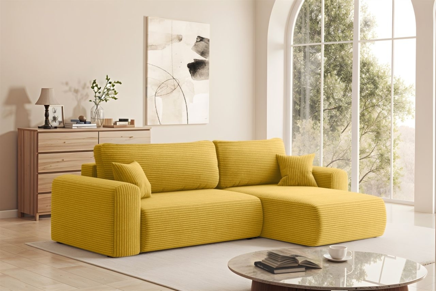 Ecksofa Schlafsofa FLORA Stoff Poso Honiggelb Ottomane Rechts Bild 1