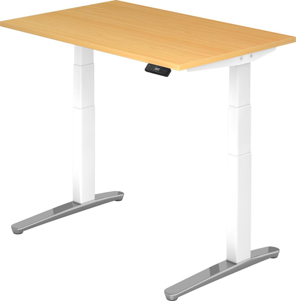 bümö® Sitz- & Stehschreibtisch Serie-XBHM elektrisch höhenverstellbar mit Memoryfunktion, Tischplatte 120 x 80 cm in Buche, Gestell in weiß / aluminium poliert Bild 1