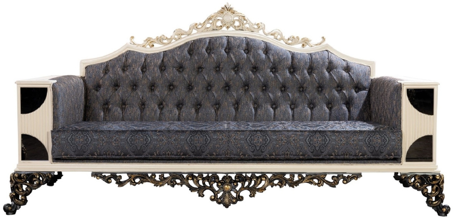 Casa Padrino Luxus Barock Sofa Blau / Weiß / Schwarz / Gold - Barockstil Wohnzimmer Sofa mit elegantem Muster - Luxus Wohnzimmer Möbel im Barockstil - Barock Möbel - Barock Einrichtung Bild 1