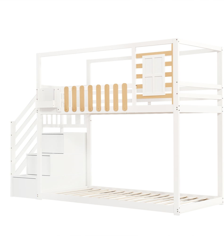 Merax Etagenbett mit Treppe, Fenster und Regalkasten, Kiefernholz weiß, 90x200 cm Bild 1