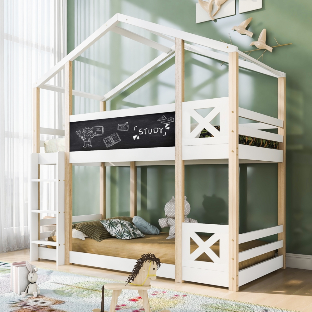 Etagenbett 90x200 cm mit Dachrahmen, Tafel & Leiter, Hochbett aus Kiefernholz, sicher & stabil, Weiß, Kinderbett Bild 1
