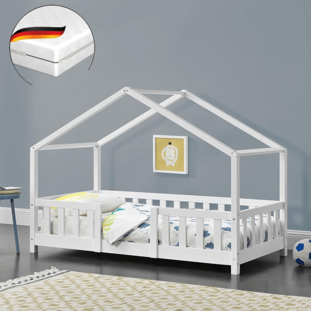 DELUKE® Kinderbett 80x160 cm MILA - mit Matratze Lattenrost Rausfallschutz Hausbett Kinder Haus Bett Kinderzimmer Bodenbett Einzelbett Kinder Bett Klein Kinderbett Montessori Bett Weiß Bild 1