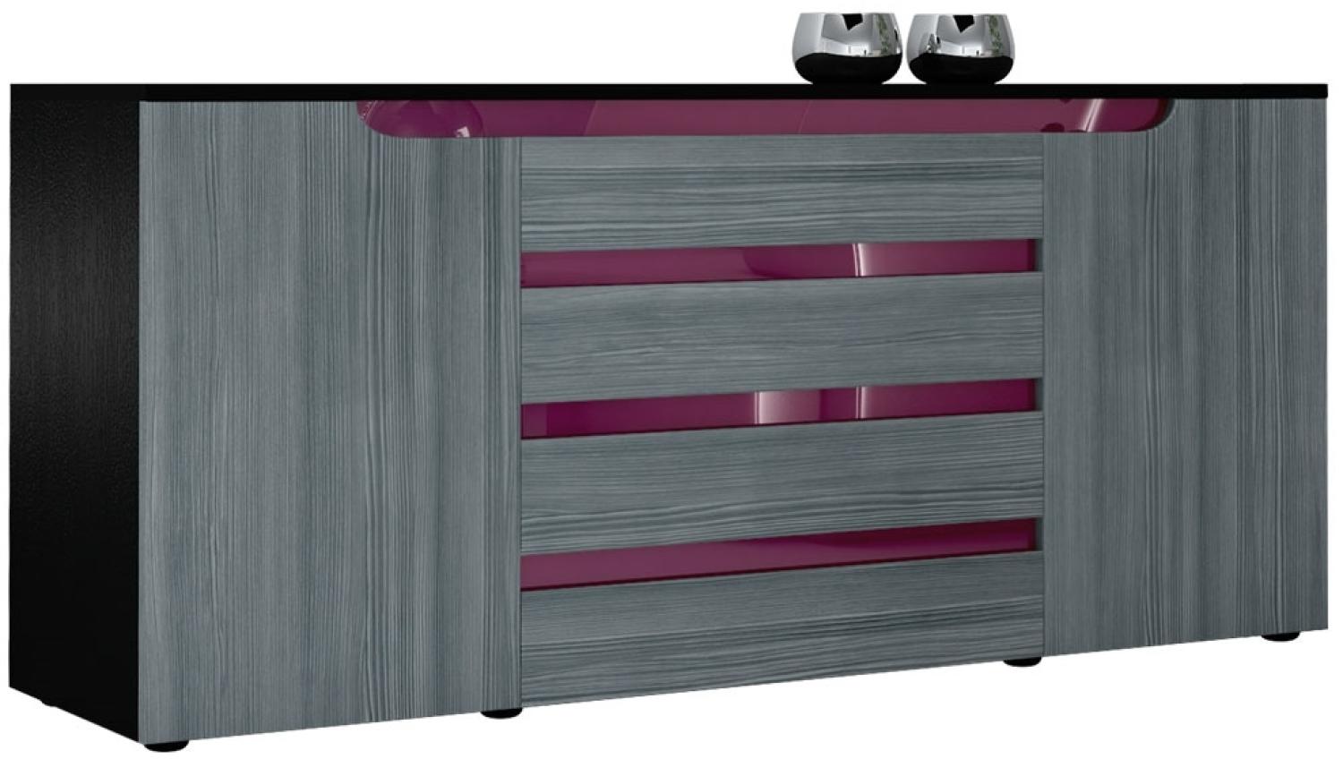 Sideboard Kommode Sylt V2, Korpus in Schwarz matt / Front in Avola-Anthrazit mit Absetzungen in Brombeer Hochglanz (166 x 72 x 35) Bild 1