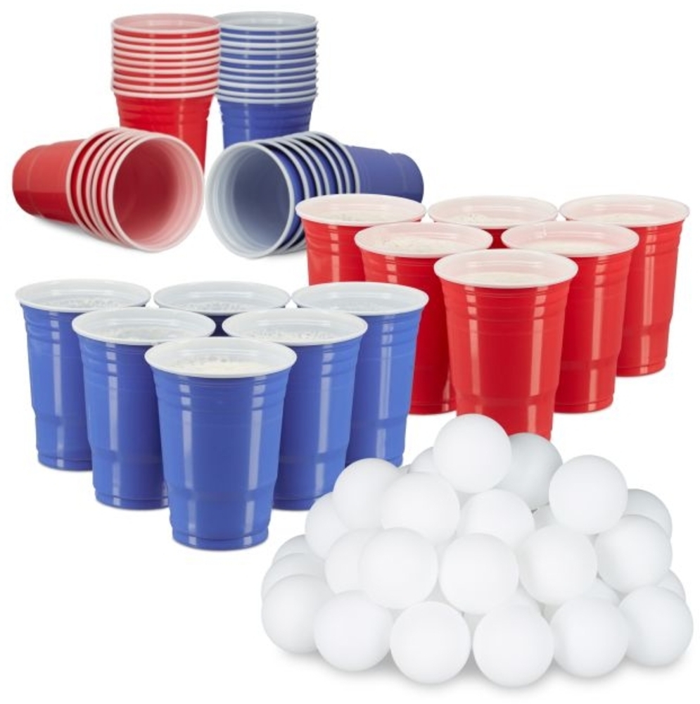 Relaxdays Bier Pong Set, 48 Bälle und 100 Becher, Kunststoff rot / blau, 473 ml Bild 1