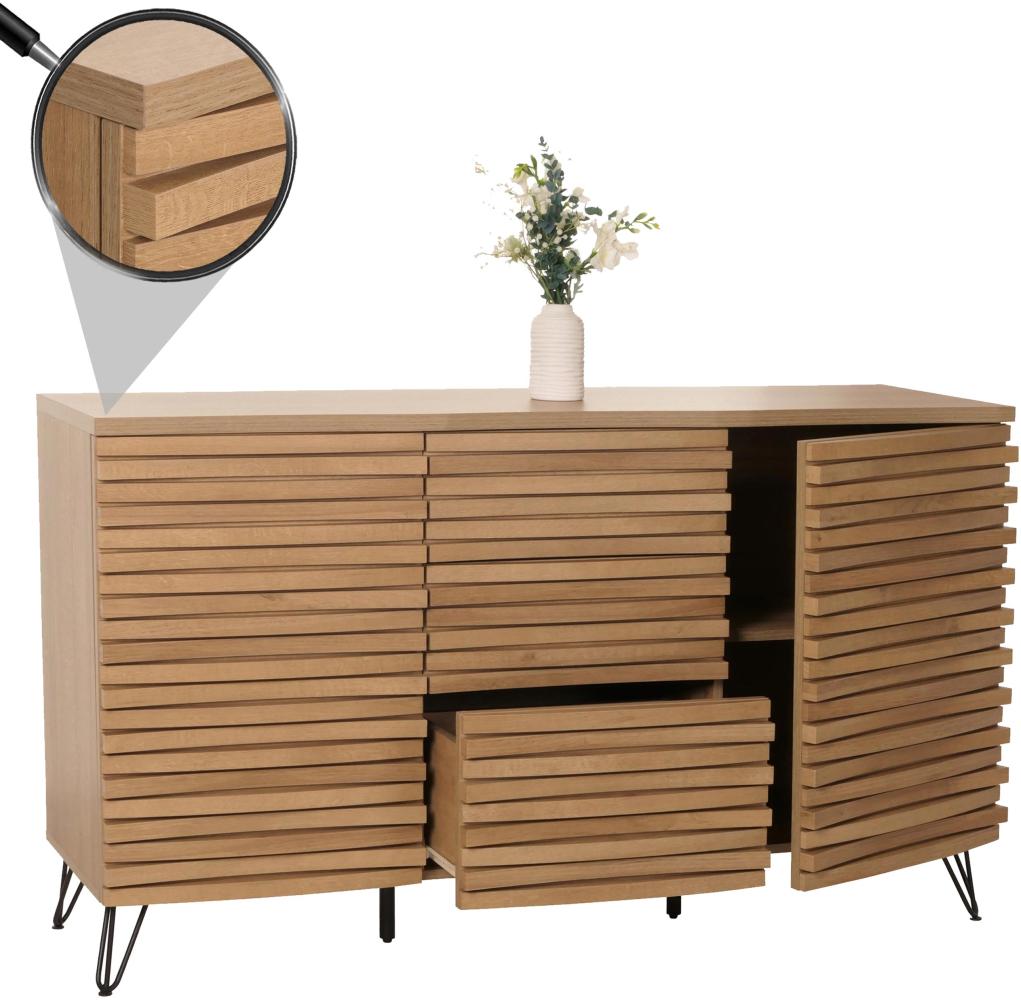 Sideboard HWC-M49, Schrank Kommode Highboard, 3D-Design Staufächer, Massiv-Holz Mango Metall 85x142x44cm ~ natur Bild 1