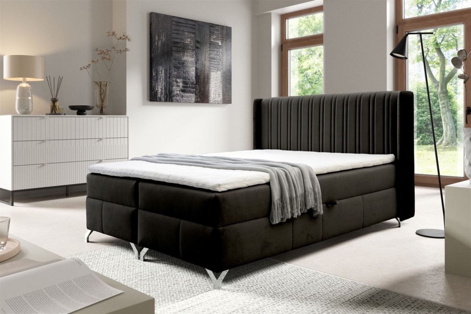 Boxspringbett Schlafzimmerbett DAMIEN 140x200 cm Stoff Salvador Schwarz Bild 1