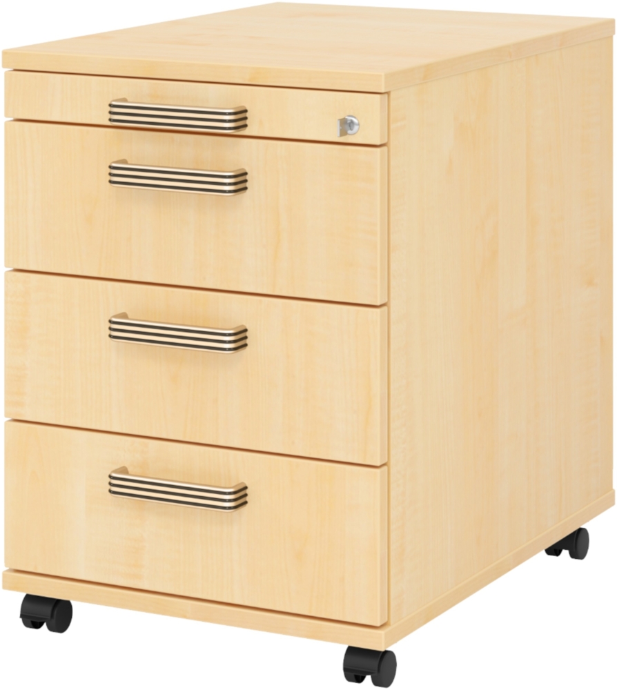 bümö Rollcontainer mit Schubladen, Container abschließbar aus Holz in Ahorn - Rollwagen für's Büro als Schreibtisch Unterschrank, Bürocontainer od. Schreibtischcontainer mit Streifengriffe, AC30-3-3-SG Bild 1