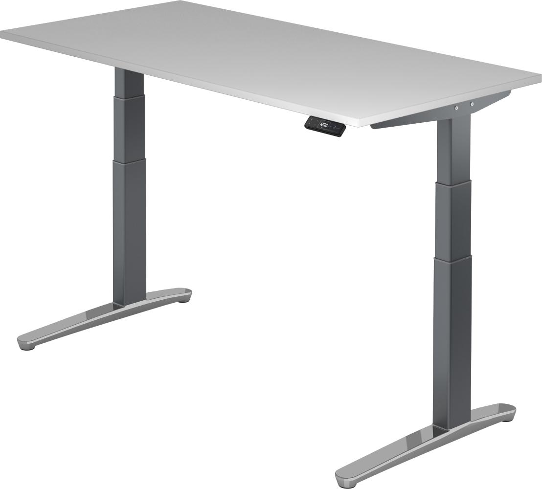 bümö® Sitz- & Stehschreibtisch Serie-XBHM elektrisch höhenverstellbar mit Memoryfunktion, Tischplatte 160 x 80 cm in Grau Gestell in graphit / aluminium poliert Bild 1