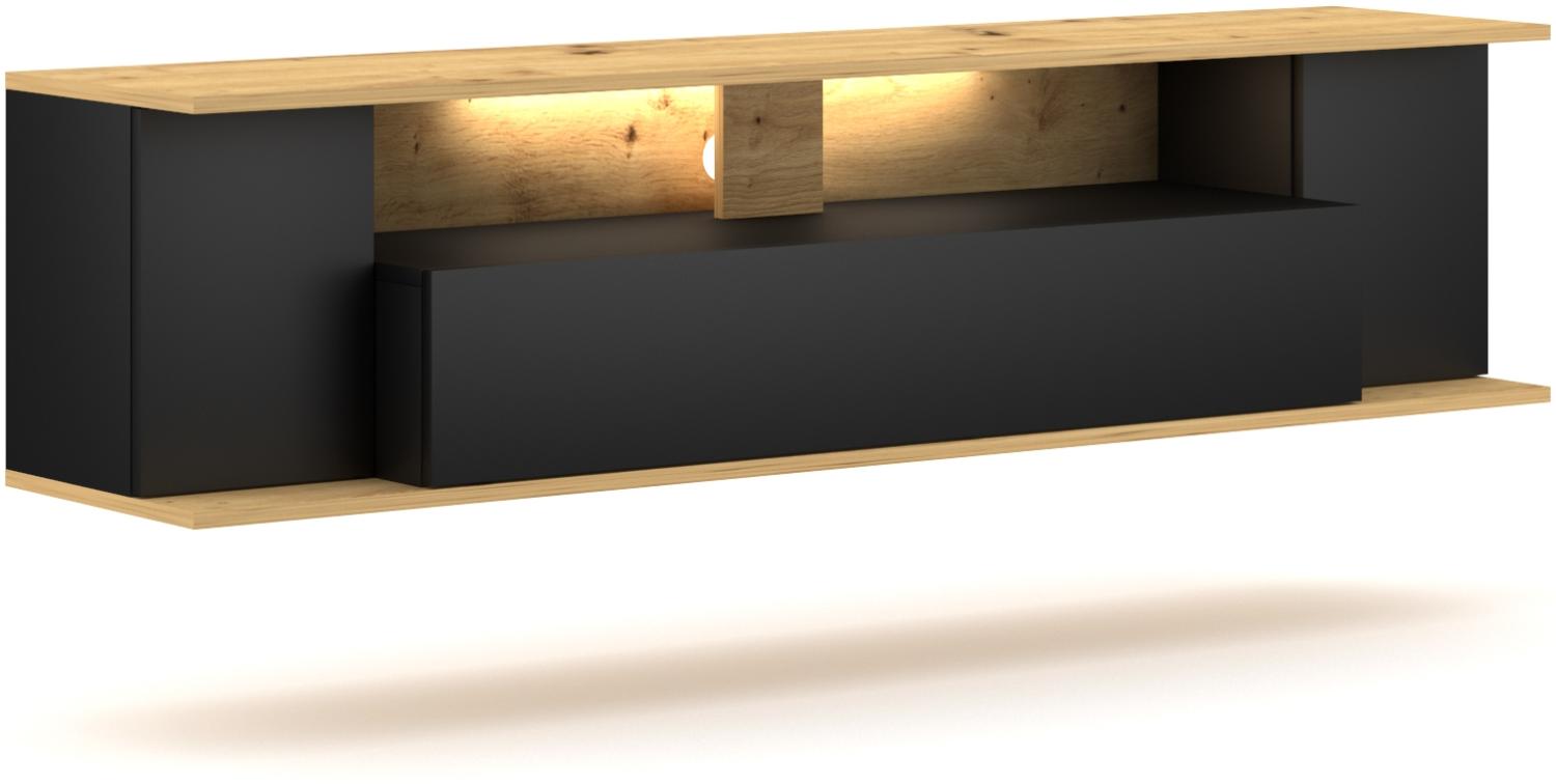 Domando Lowboard Bellaria Modern für Wohnzimmer Breite 160cm, hängend nutzbar, Push-to-open-System, LED-Beleuchtung in Warmweiß, Artisan Eiche und Schwarz Matt Bild 1