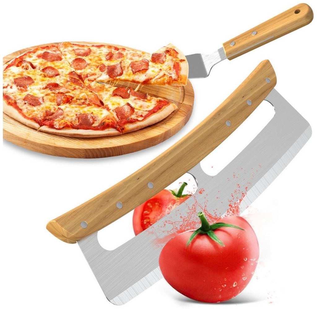 ibettertec Pizzaschneider Pizzamesser und Pizzaspachtel aus Edelstahl, Mit Bambusgriff und Klingenschutz,Perforiertes Design zum Aufhängen Bild 1