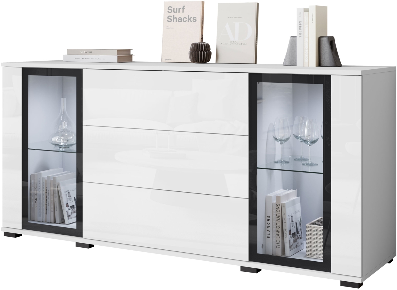 Kommode Clarkoy SB 150 2D3S (Farbe: Weiß / Weiß Hochglanz, mit weißer LED Beleuchtung) Bild 1