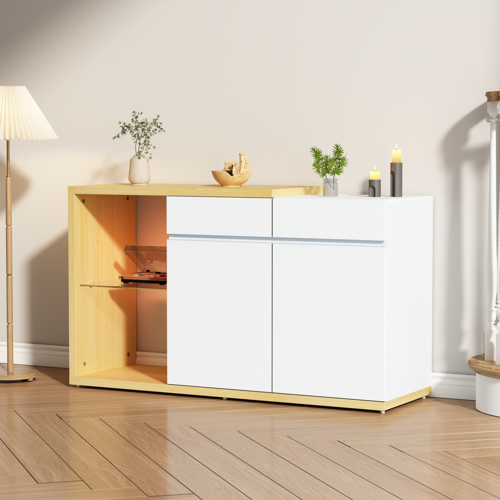 Merax LED Sideboard Breite 120 cm, Multifunktionales Sideboard, Kommode 2 Türen, 2 Schubkästen, Anrichte mit LED-Beleuchtung, Weiß+Eiche Bild 1