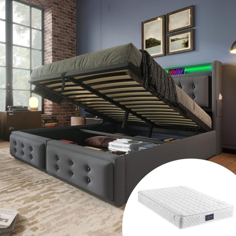 HAUSS SPOLE Polsterbett 140x200 mit Led-Kopfteil, Ladefunktion, mit Matratze Bett Grau (Hydraulisches Bett mit Lattenrost, 2-tlg, 140x200cm, mit Matratze, Grau), mit Led-Kopfteil und USB C Ladefunktion Bild 1