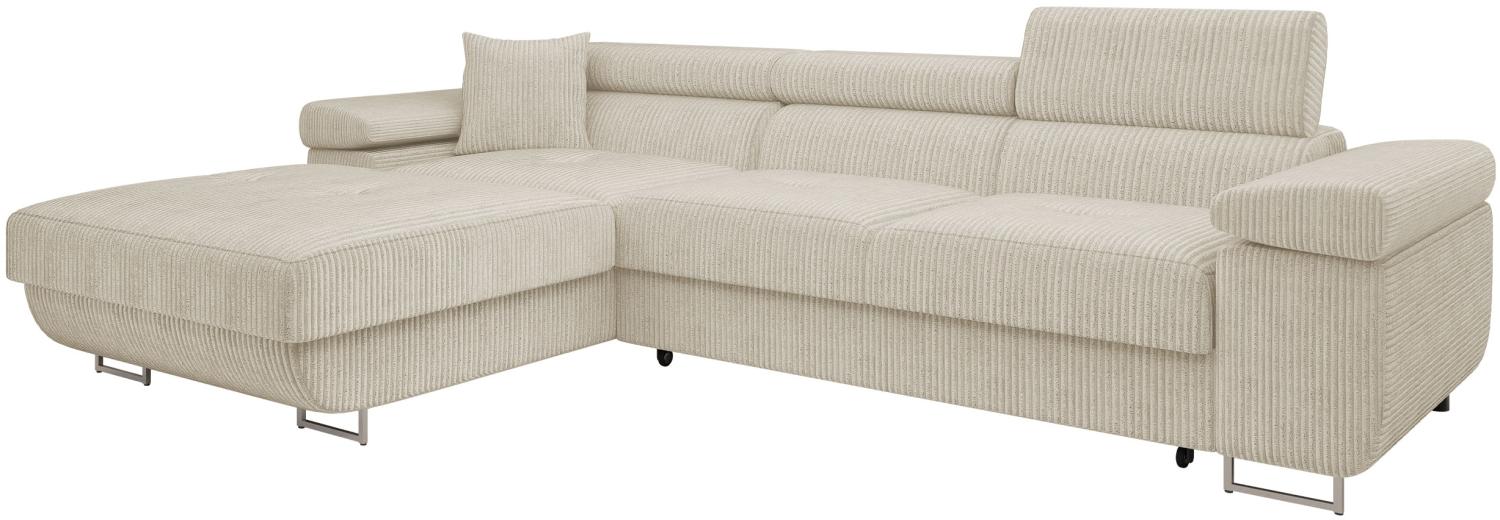 Ecksofa Torezio Mini Cord mit Bettkasten, Schlaffunktion und Einstellbare Kopfstützen (Farbe: Poso 100, Seite: Links) Bild 1