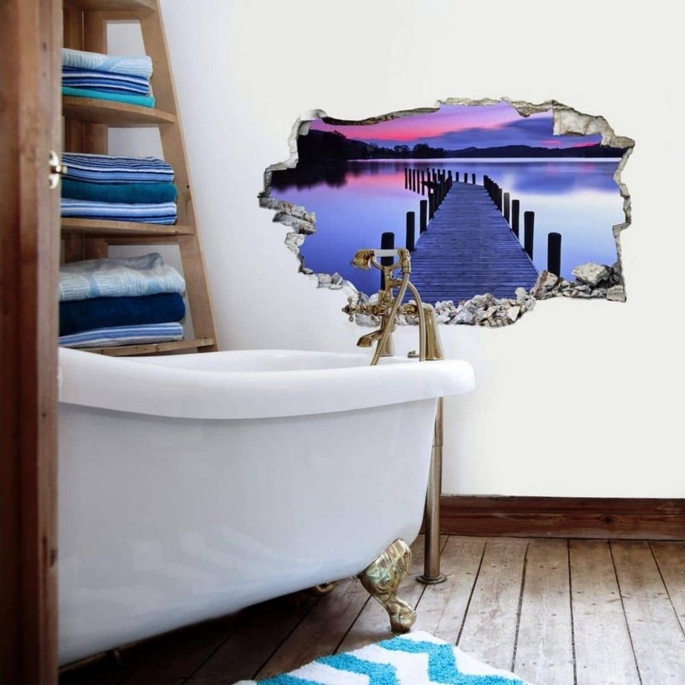 K&L Wall Art Wandtattoo 3D Wandtattoo Aufkleber Badezimmer See Panorama Wandsticker Wellness, Mauerdurchbruch Wandbild selbstklebend Bild 1