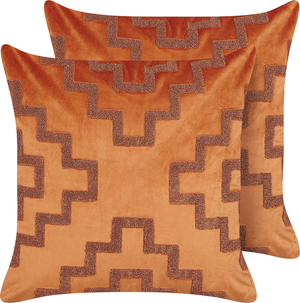 Kissen 2er Set SERGIPE Samtstoff 45 x 45 cm Geometrisches Muster Orange Bild 1