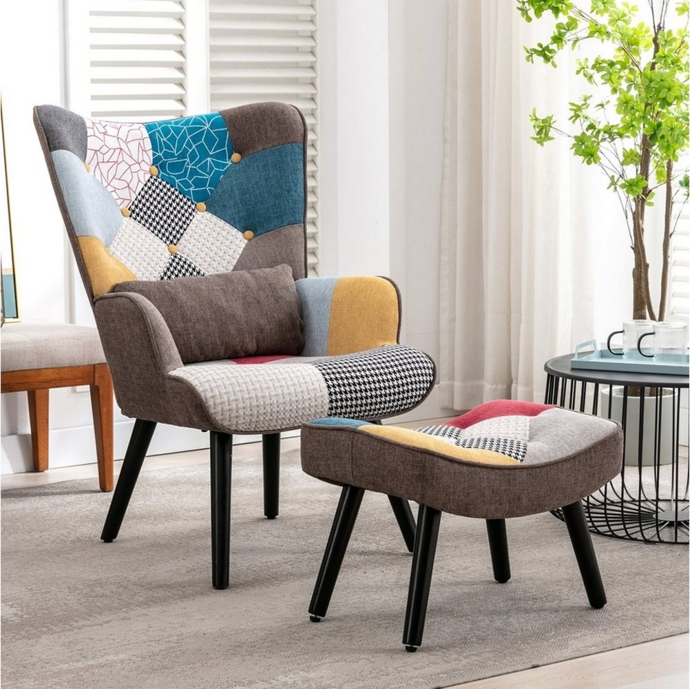 HomeMiYN Ohrensessel Relaxsessel Lehnstühle Patchwork Ohrensessel mit Hocker lesesessel, Chair Bild 1