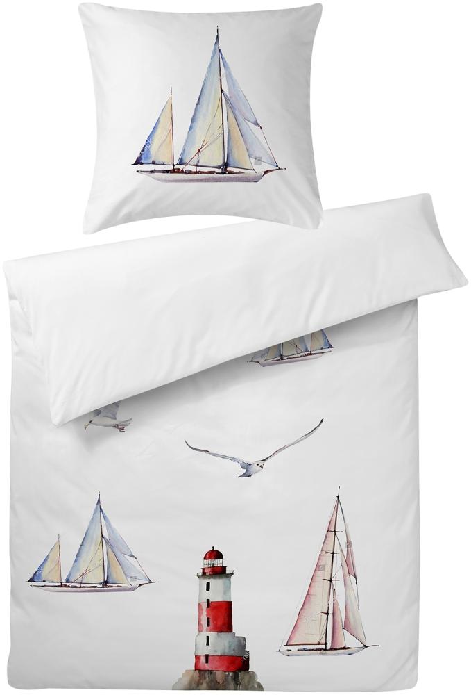 Carpe Sonno Mako Satin Bettwäsche Segelboot aus 100% Baumwolle, 155 x 220 cm + 80 x 80 cm Bild 1