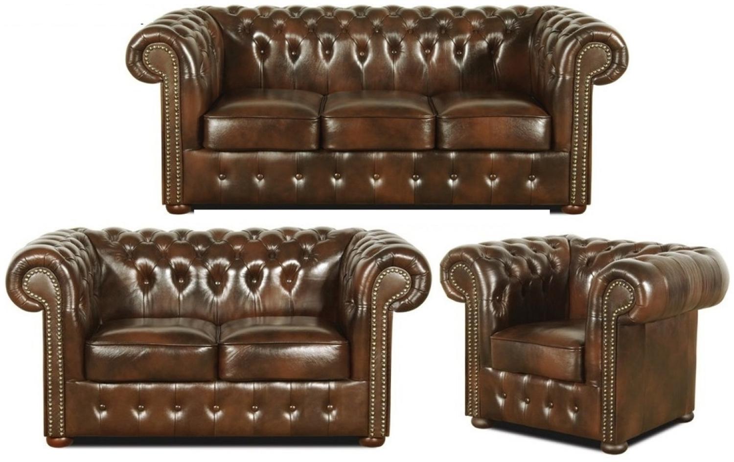 Casa Padrino Chesterfield Wohnzimmer 3er Set Dunkelbraun - Luxus Echtleder Möbel Bild 1