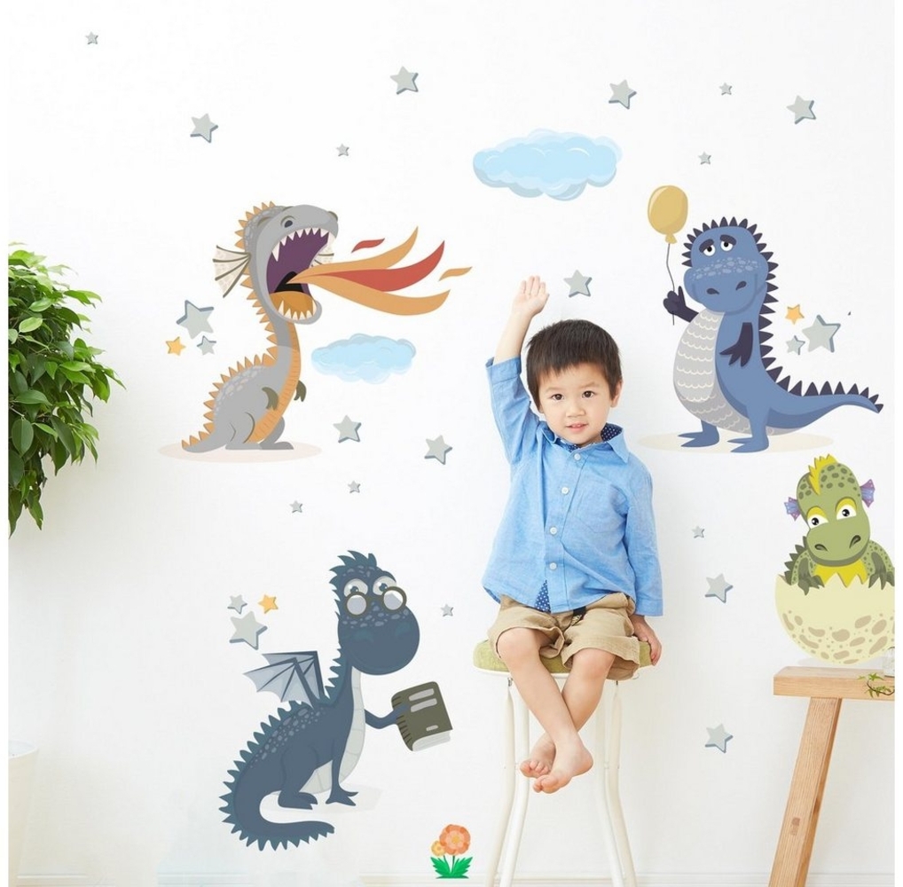 WANDKIND Wandtattoo Dino Freunde V290 Kinderzimmer, handgezeichnet, wieder ablösbar Bild 1