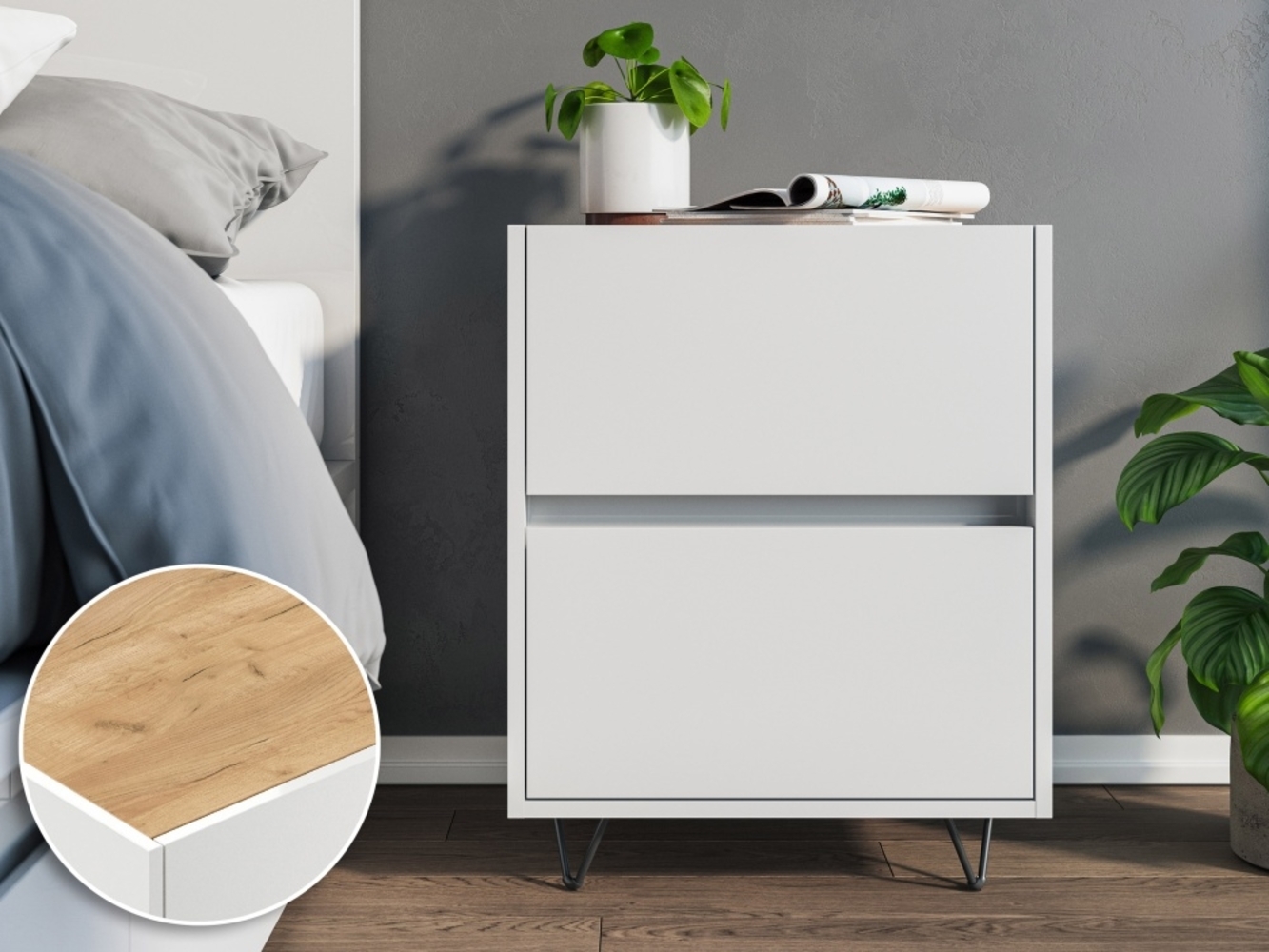 Nachttisch Yako 50cm 2 SoftClose stehend Weiß & Eiche Top : Weiss hochglanz / Oak Gold Bild 1