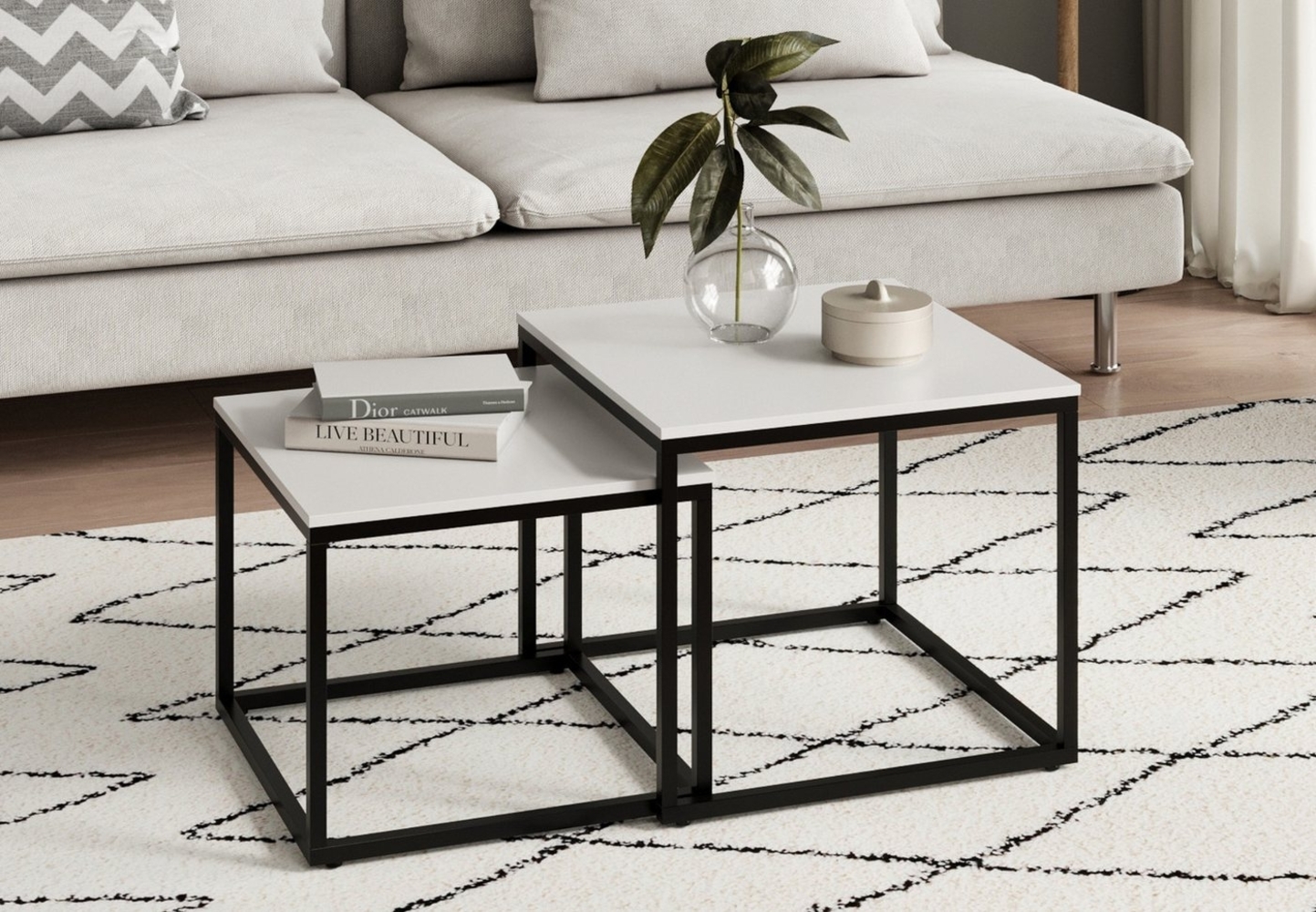 Home Collective Couchtisch 2er Set aus Holz, Wohnzimmertisch Modern (Beistelltisch Set 2 in 1 mit Metallgestell, Büro Beistelltisch Loft Design TWIN, kratzfeste Oberfläche), Quadratisch in Weiß, für Wohnzimmer Bild 1