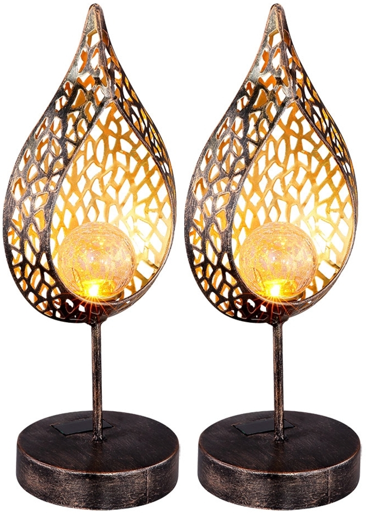 2x LED Solarleuchte, Feuer-Effekt, Tropfen-Optik, gold Bild 1