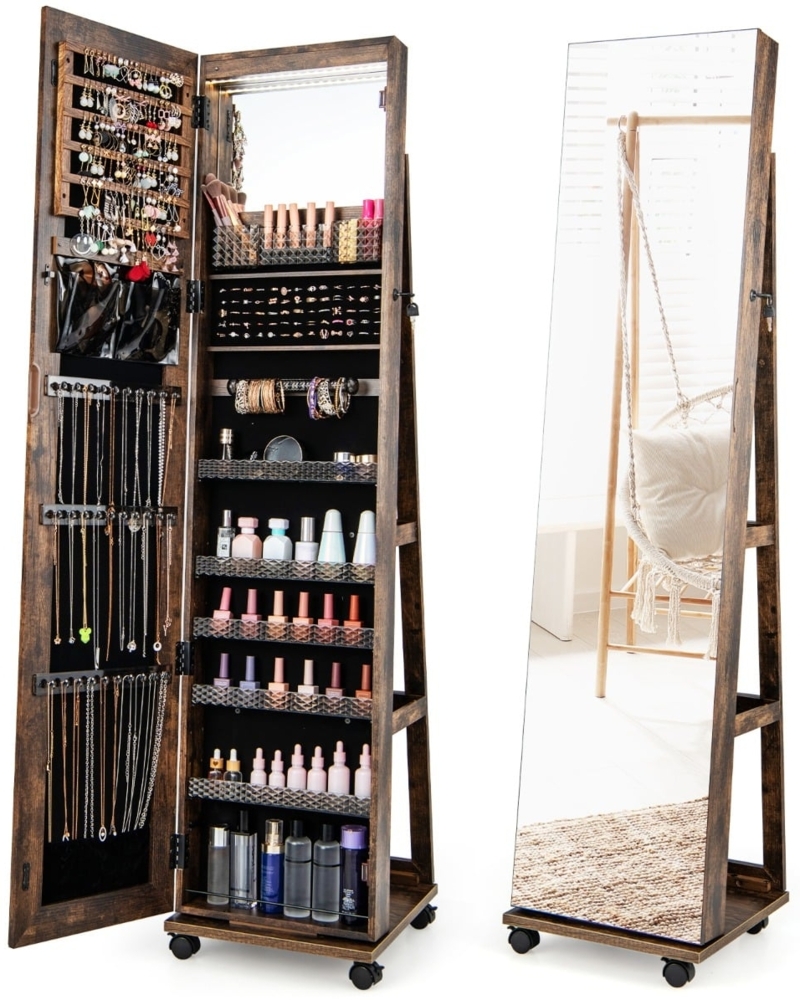 Abschließbarer Schmuckschrank mit integriertem Schminkspiegel verstellbaren Ablagen & Stauraum Kaffee Bild 1