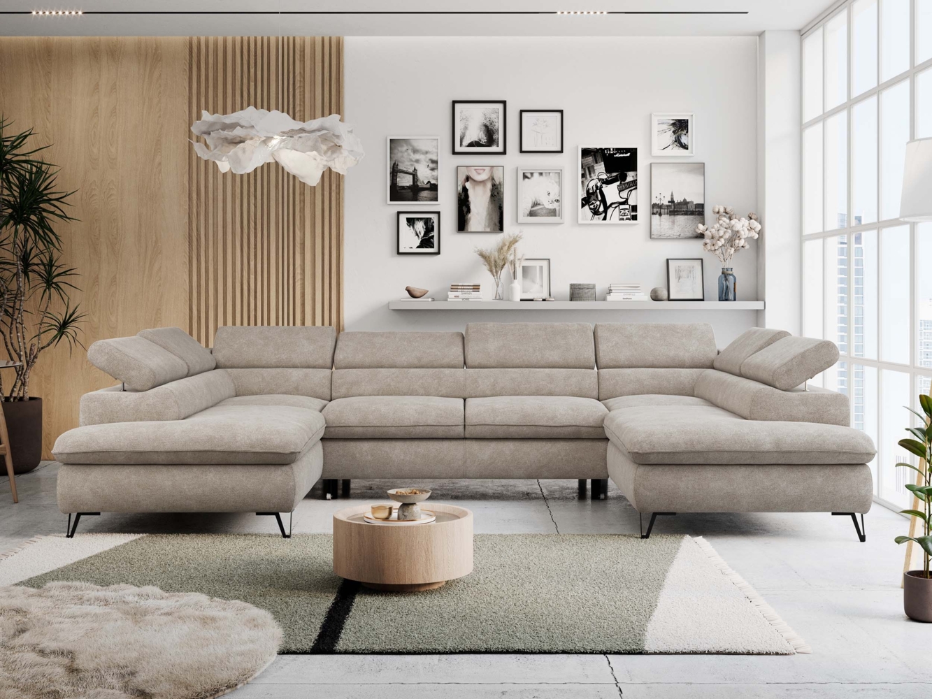 Mks Möbel 'Peter U-Form' Ecksofa mit Bettkasten, Bettfunktion & einstellbaren Kopfstützen, Beige, Stoff, mit Topper Bild 1