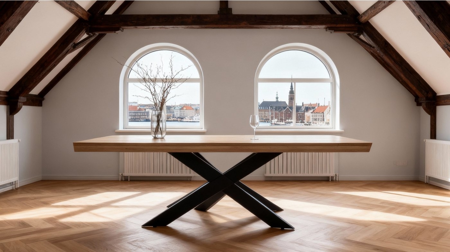 Massivart® Esstisch Wildeiche massiv geölt / 60 mm Platte / 180/200/220 / AHUS, Massivholztisch · Metallgestell · Schweizer Kante · Industrial-Look Bild 1