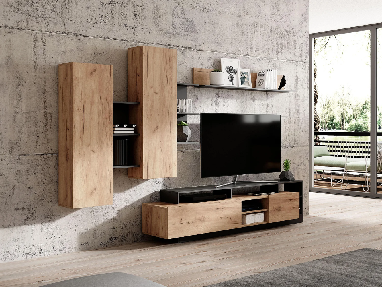Vente-unique - TV-Wand mit Stauraum - Anthrazit & Naturfarben - IDESIA Bild 1