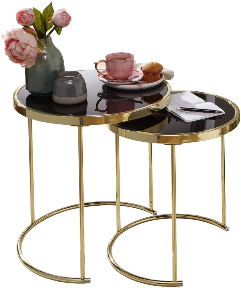 Design Satztisch COMO Schwarz/Gold Beistelltisch Metall/Glas, Couchtisch Set aus 2 Tischen, Kleiner Wohnzimmertisch, Metalltisch mit Glasplatte, Ablagetisch modern Bild 1