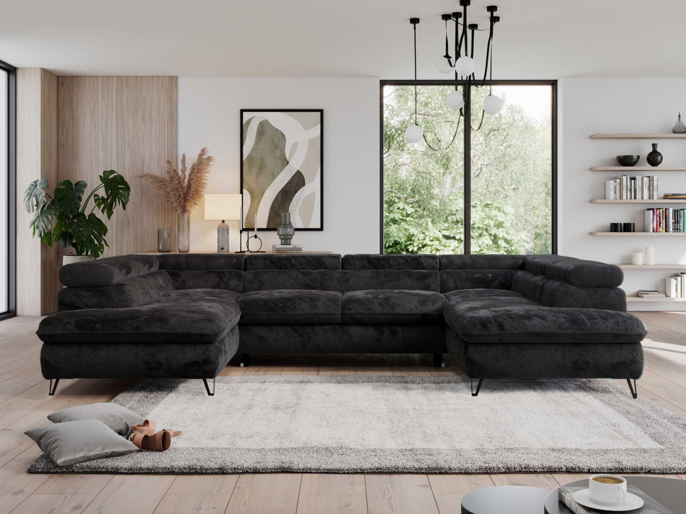 Ecksofa mit Schlaffunktion und verstellbaren Kopfstützen, große U-förmige Ecke - PEDRO U - Schwarz Plüsch - Topper T25 Bild 1