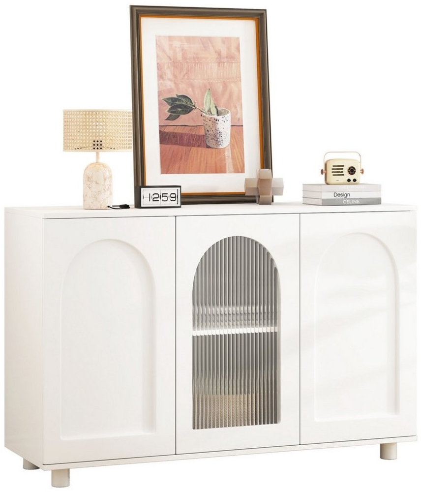 HAUSS SPOLE Sideboard Vitrine Beistellschrank Kommode Schrank mit Glastür (verstellbaren Einlegeböden, strukturierte Glaseinsatz, Stabile Basis,120×40×78.5cm, U-förmiges Vitrine in Reinweiß mit Glastür und Rebounder-Design), für Küche, Wohnzimmer und E... Bild 1