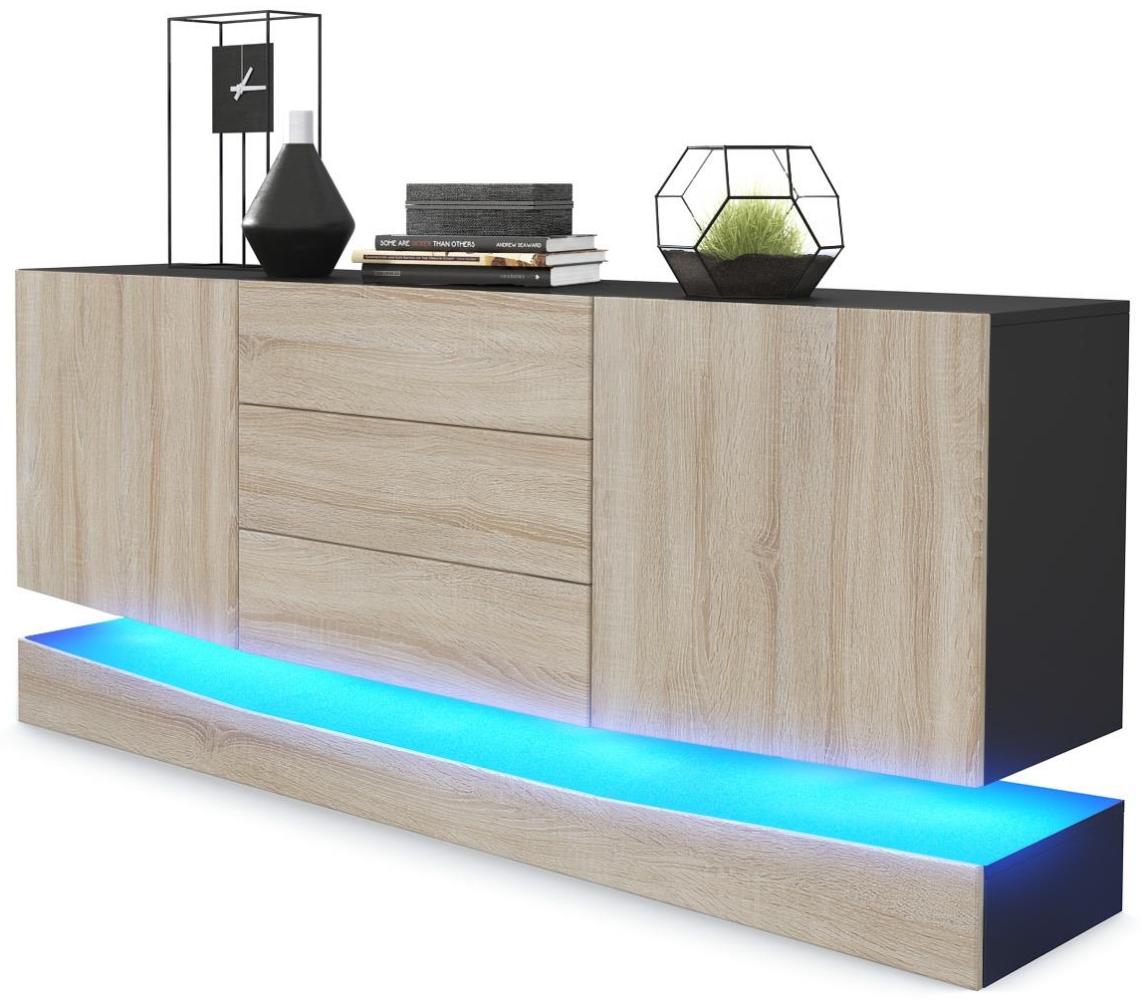 Vladon Sideboard City, Schwarz matt/Eiche sägerau inkl. LED - Moderne Kommode für Ihr Wohnbereich (178 x 72 x 38 cm) Bild 1