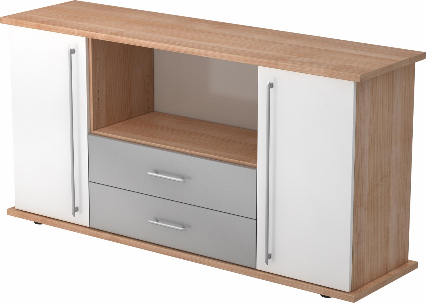 bümö Sideboard Nussbaum/Weiß mit Flügeltüren & Regal - Büromöbel Sideboard mit Schubladen Holz 166cm breit, 45cm schmal, Büro Schrank für Flur oder als Wohnzimmer-Kommode mit Relinggriff, SBTS-N-W-RE Bild 1