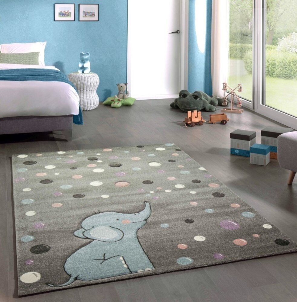 Carpetia Kinderteppich Teppich Kinderzimmer Elefant Punkte grau blau, rechteckig, Höhe: 13 mm Bild 1