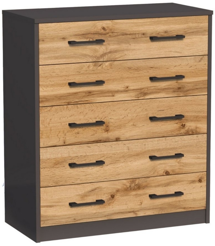 Home Collective Kommode mit 5 Schubladen mit matter Oberfläche, Kommode 74cm breit Holz (Schlafzimmer Wohnzimmer Flur Büro Organizer, Metallrollen mit Auszugsstopp), Schrank mit Schubladen Sideboard Highboard Anrichte Graphit-Eiche Bild 1