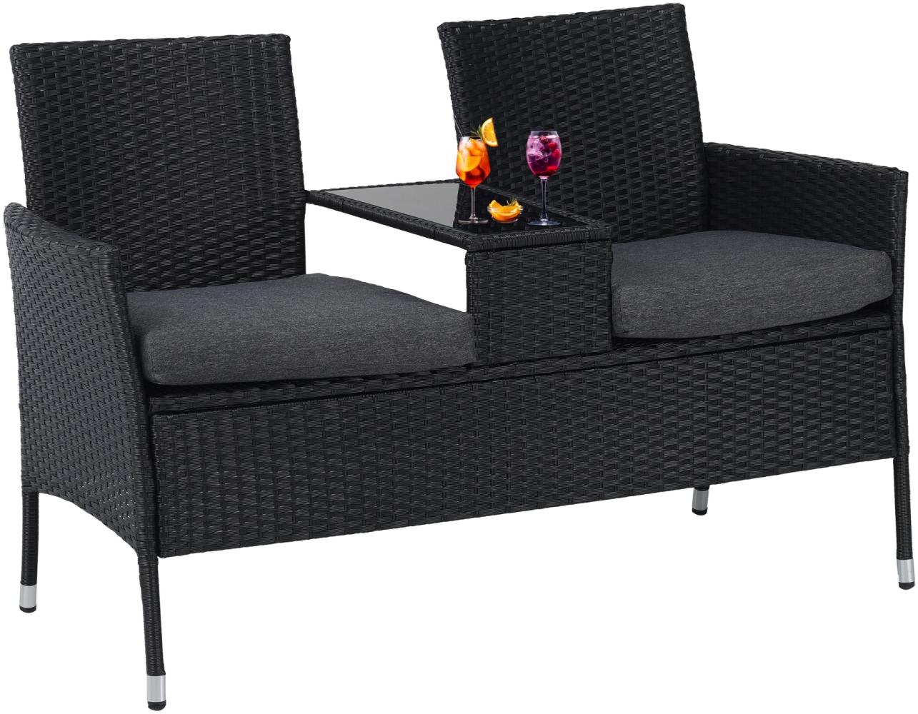 Albatros Gartenbank ANTONIO – Polyrattan Bank – 2-Sitzer Gartenbank mit Tischplatte aus Glas – UV beständig wetterfest – Stoffpolster – 134x82x55cm schwarz – VIP RELAX Sitzbank Bild 1