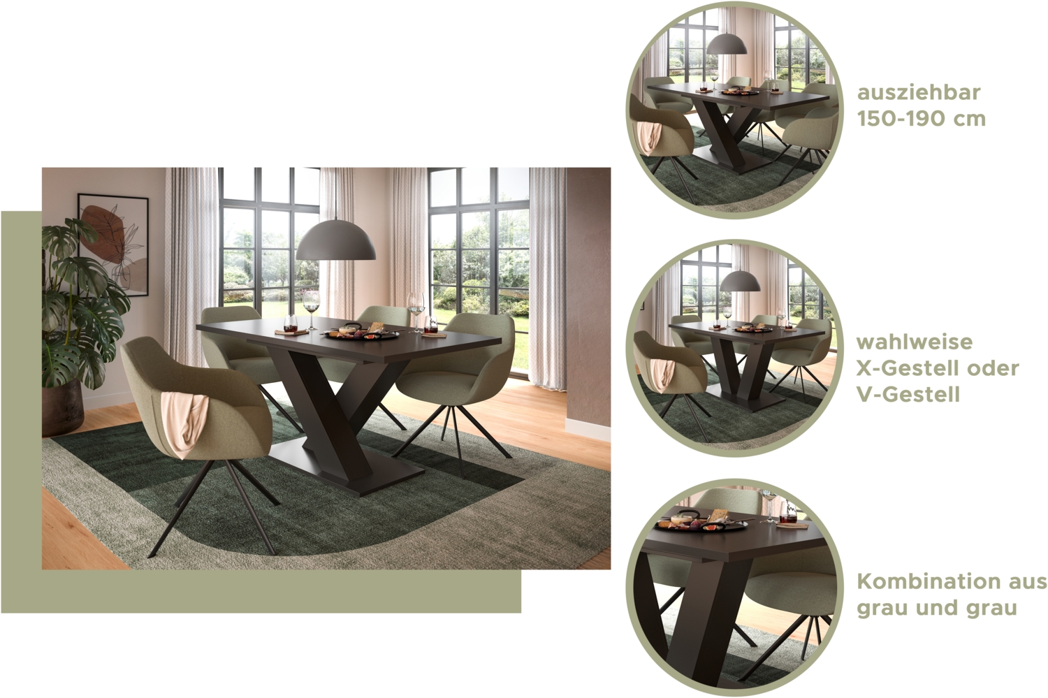 Ausziehbarer Esstisch (B/H/T): 150-190x76x80 in weiß Nachbildung und grau Nachbildung mit Doppelsäulen-Fußgestell Bild 1