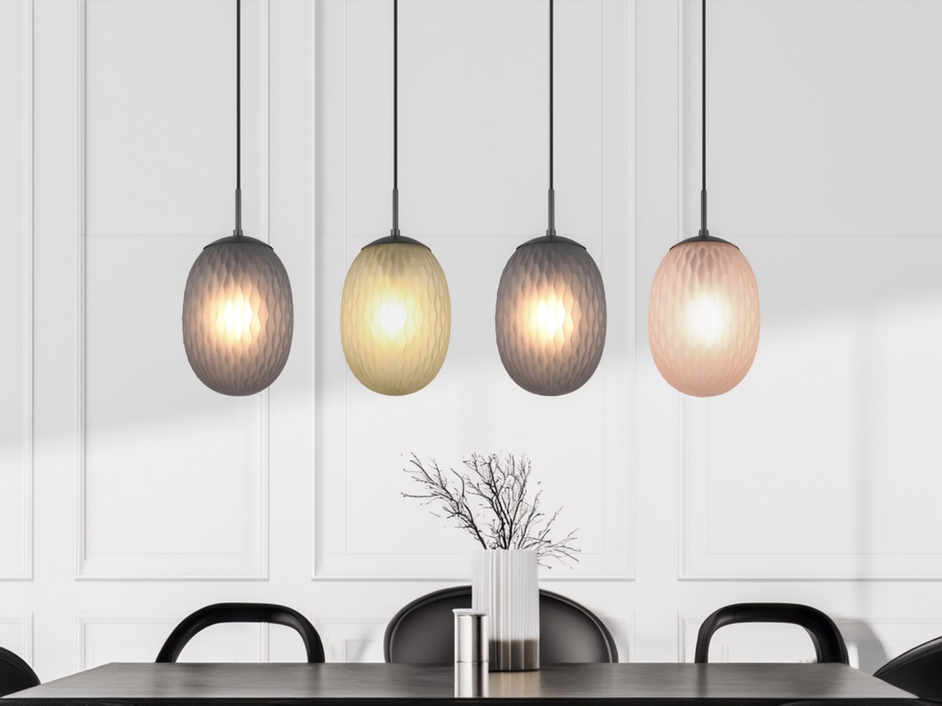 LED Pendelleuchte 4-flammig mit farbigen ovalen Glasschirmen B: 117cm Bild 1