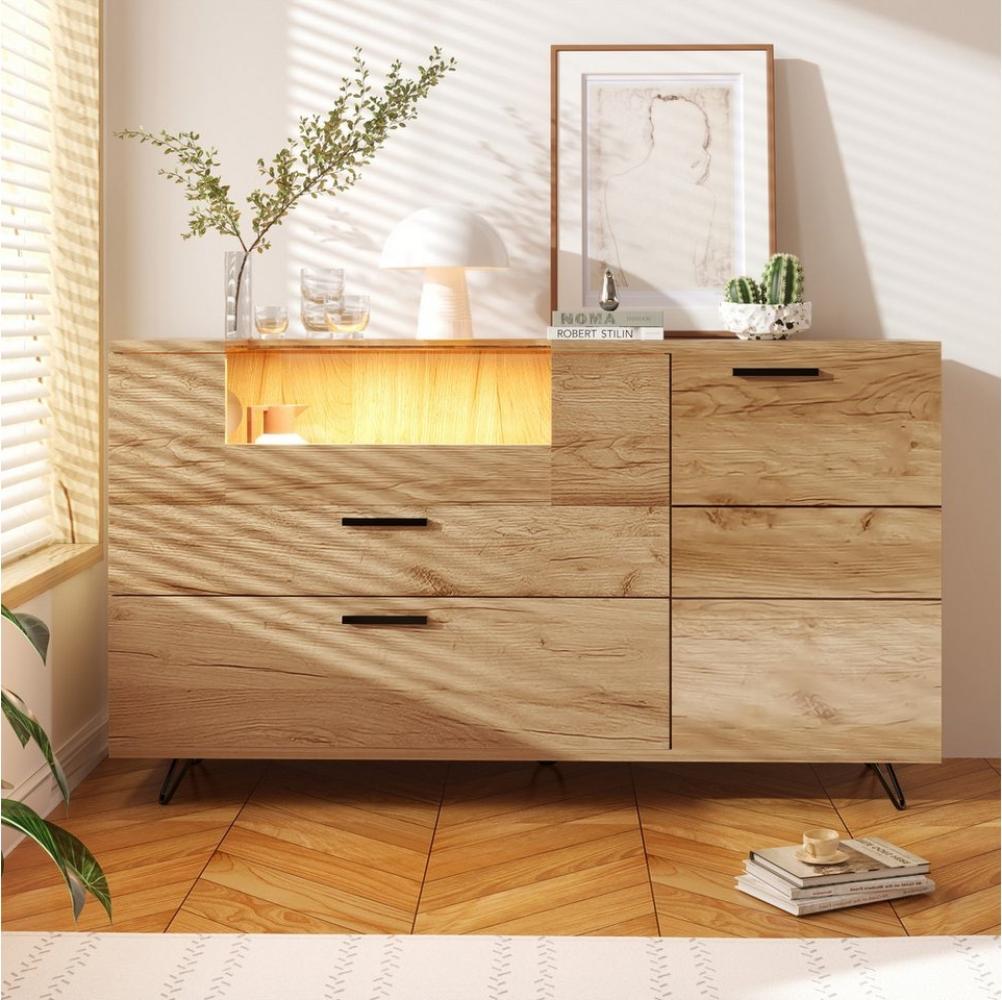 Merax Sideboard Landhaus mit Glasklappe und Einlegeboden, Kommode mit Schubladen inkl. LED,Schubkastenkommode,Buffet,B:140cm Bild 1