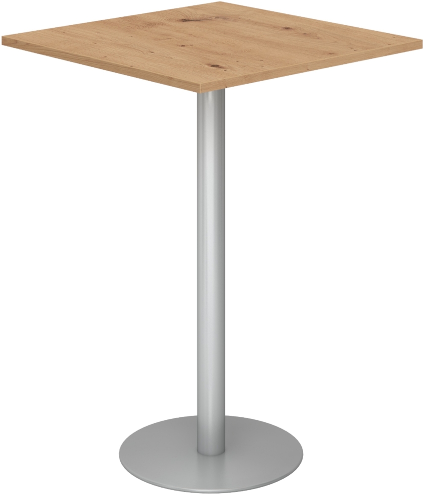 bümö Stehtisch Büro, Bistrotisch eckig 80 x 80 cm - Bartisch Asteiche, Stehtisch Holz-Platte, Säule aus Metall in silber, Buffettisch, Säulentisch, Partytisch, Thekentisch, Hochtisch, Barmöbel, STH88-R-S Bild 1