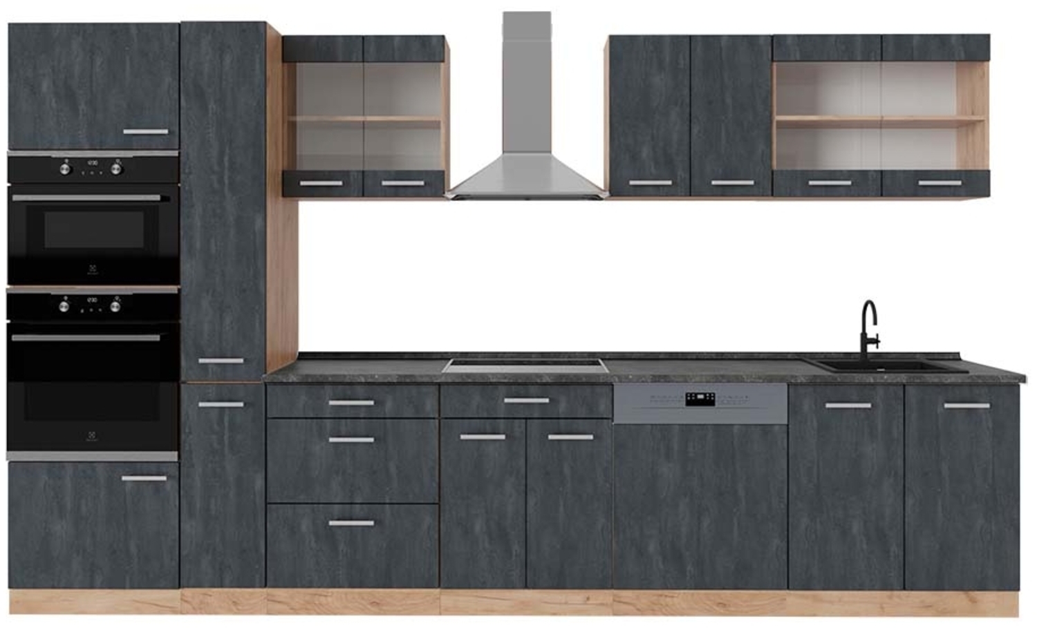 Vicco Komplettküche Schwarz Beton/Goldkraft Eiche 350 cm , AP Anthrazit, R-Line Bild 1