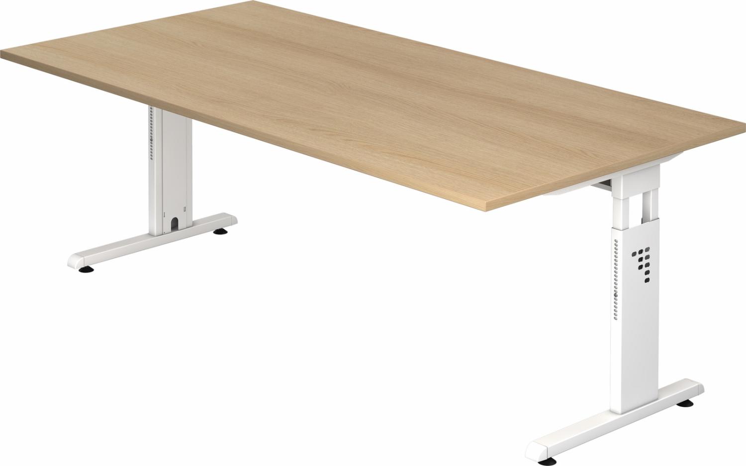 bümö höhenverstellbarer Schreibtisch O-Serie 200x100 cm in Eiche, Gestell in weiß - großer PC Tisch für's Büro manuell höhenverstellbar, Computertisch verstellbar, OS-2E-E-W Bild 1