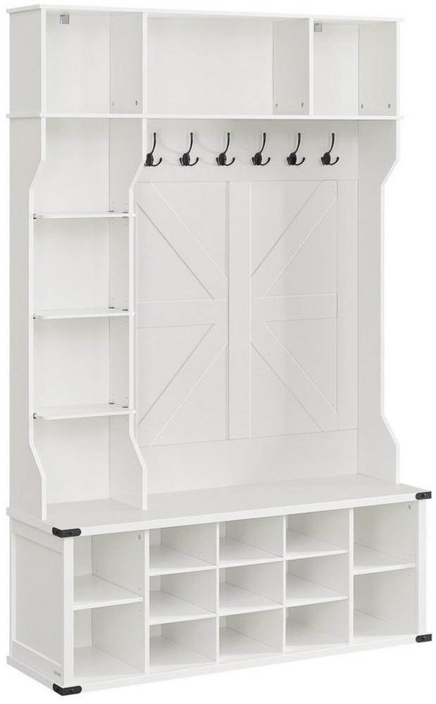 VASAGLE Kleiderständer, Garderobe, Eingangsmöbel mit Schuhregal, verstellbare Ablagen, 20 offene Fächer, 6 Dreifach-Haken, Landhausstil, freistehend, für Eingangsbereich, Flur, wolkenweiß HSRDE440W03 Bild 1